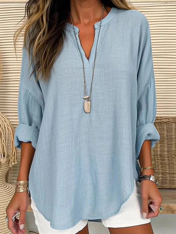 Women's Long Sleeve Blouse Spring/Fall Plain Cotton And Linen Notched Daily Going Out Casual Top