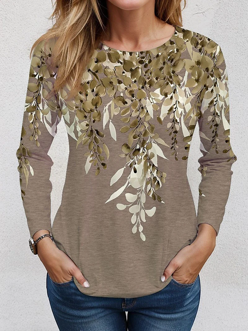 Women's Long Sleeve Tee T-shirt Spring/Fall Leaf Knitted Crew Neck Daily Going Out Casual Top