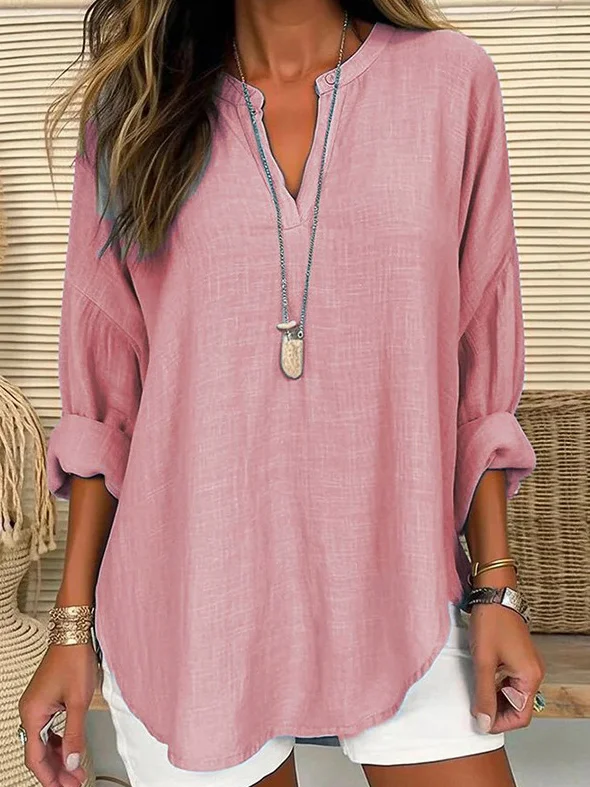 Women's Long Sleeve Blouse Spring/Fall Plain Cotton And Linen Notched Daily Going Out Casual Top