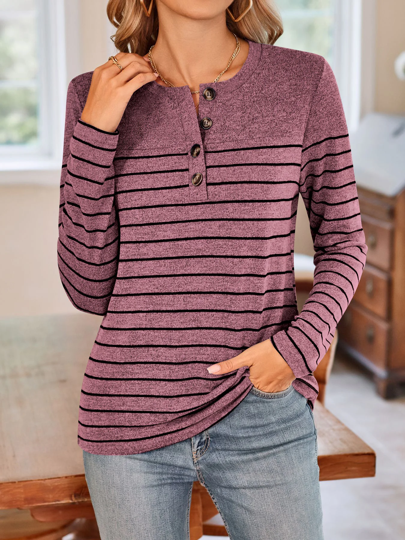 Women's Long Sleeve Tee T-shirt Spring/Fall Striped Knitted Crew Neck Daily Going Out Casual Top