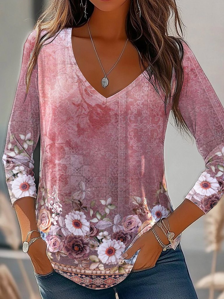 Women's Long Sleeve Tee T-shirt Spring/Fall Floral Jersey V Neck Daily Going Out Casual Top