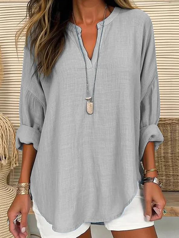 Women's Long Sleeve Blouse Spring/Fall Plain Cotton And Linen Notched Daily Going Out Casual Top