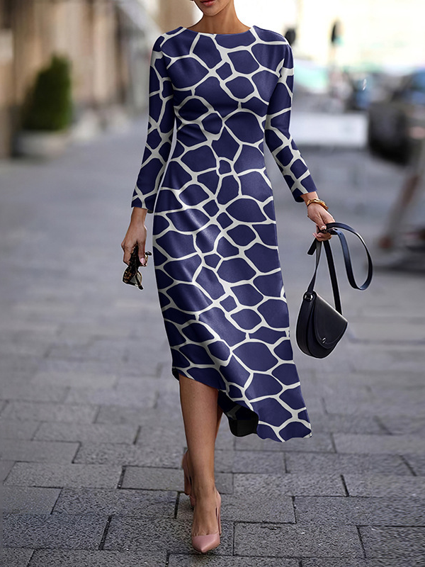 Women's Long Sleeve Spring/Fall Geometric Dress Crew Neck Daily Going Out Casual Midi H-Line