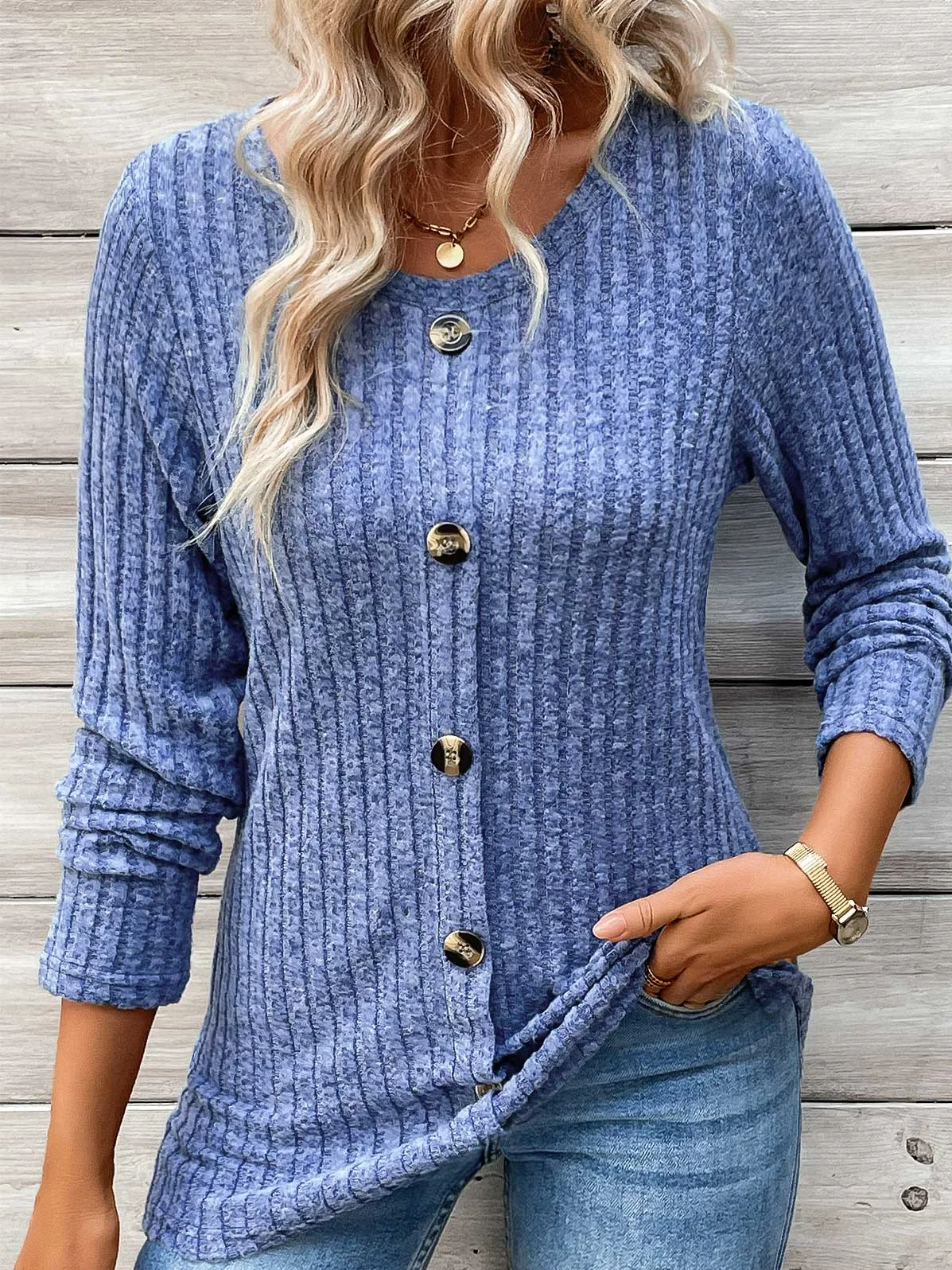 Women's Long Sleeve Tee T-shirt Spring/Fall Plain Buckle Crew Neck Daily Going Out Casual Top