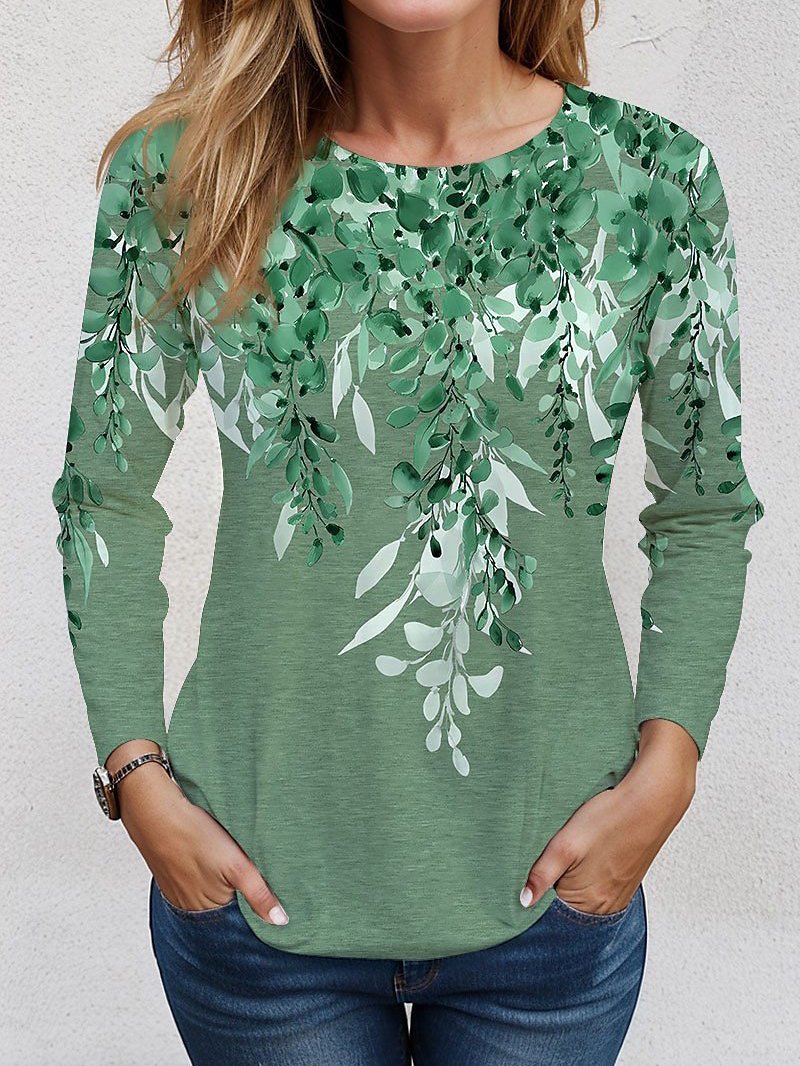 Women's Long Sleeve Tee T-shirt Spring/Fall Leaf Knitted Crew Neck Daily Going Out Casual Top