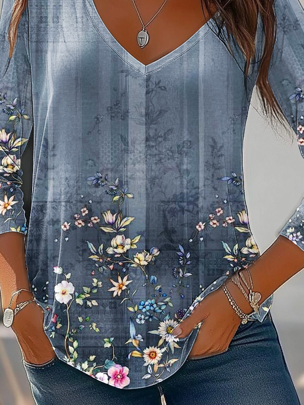 Women's Long Sleeve Tee T-shirt Spring/Fall Floral Jersey V Neck Daily Going Out Casual Top