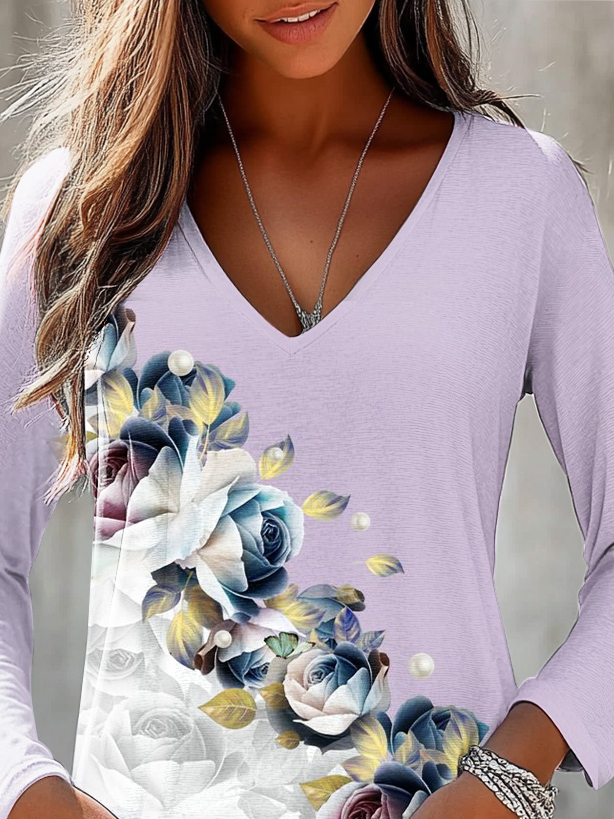 Women's Long Sleeve Tee T-shirt Spring/Fall Floral Jersey V Neck Daily Going Out Casual Top