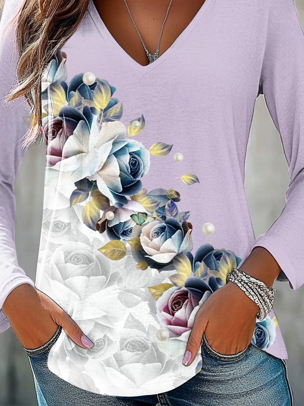 Women's Long Sleeve Tee T-shirt Spring/Fall Floral Jersey V Neck Daily Going Out Casual Top