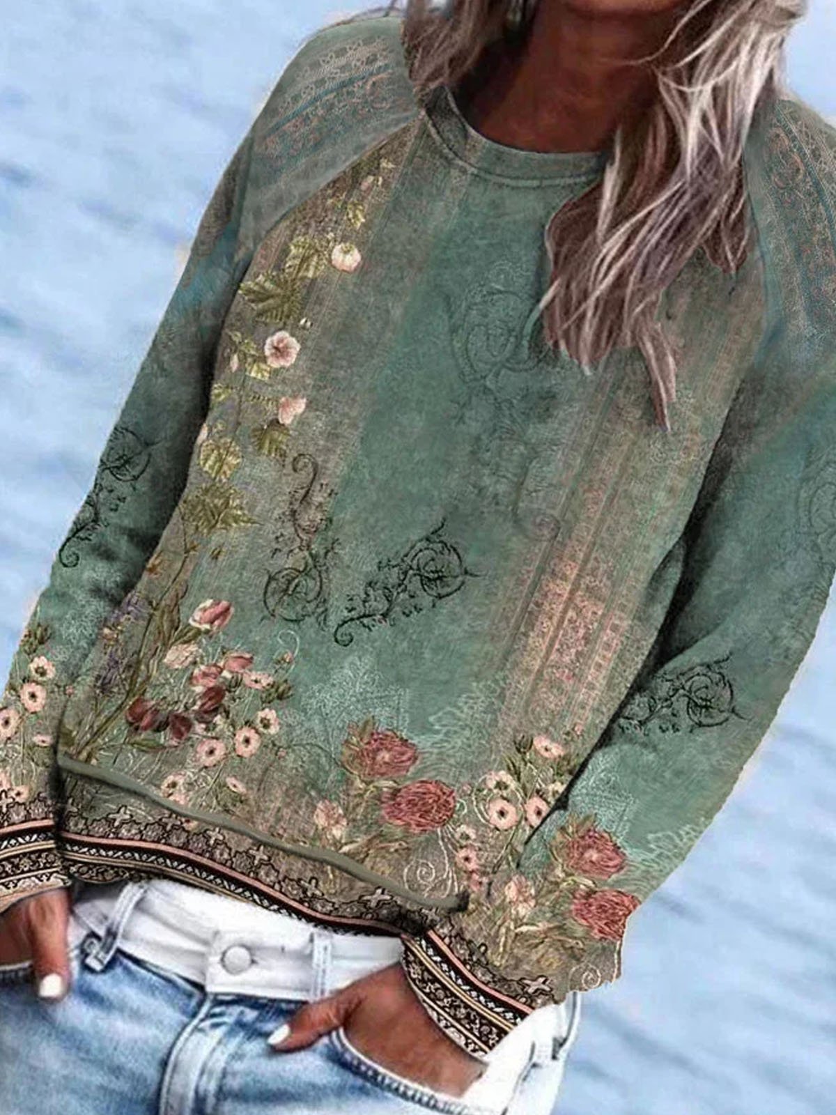 Women's Vintage Floral Print Casual Long Sleeve Crew Neck Sweatshirt