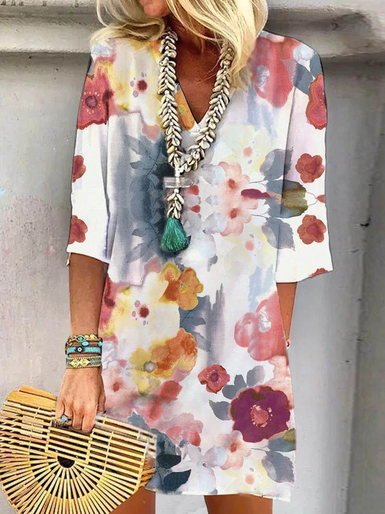 Women's Three Quarter Sleeve Spring/Fall Floral Dress V Neck Daily Going Out Casual Midi H-Line