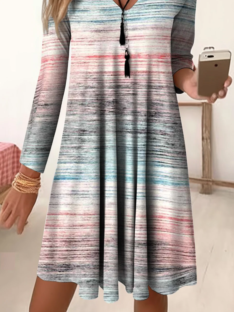 Women's Long Sleeve Summer Striped Jersey Dress V Neck Daily Going Out Casual Midi A-Line TUNIC