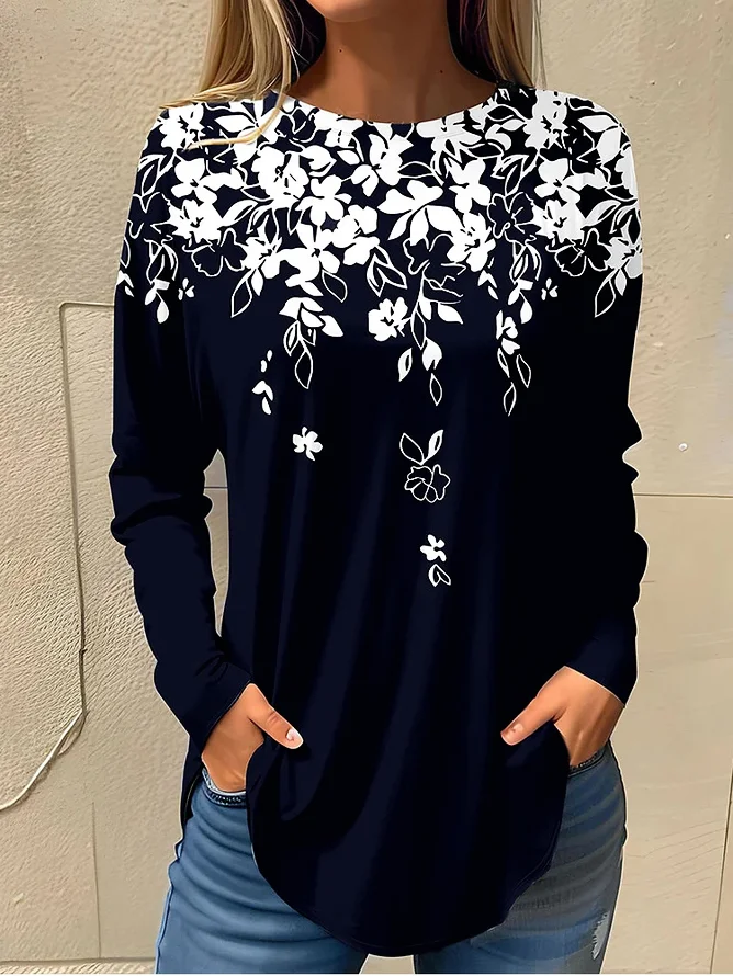 Women's Long Sleeve Tee T-shirt Spring/Fall Floral Lace Crew Neck Daily Going Out Casual Top