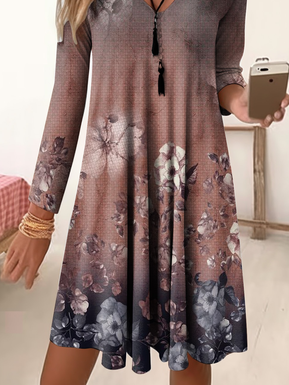 Women's Long Sleeve Summer Floral Jersey Dress V Neck Daily Going Out Casual Midi A-Line TUNIC