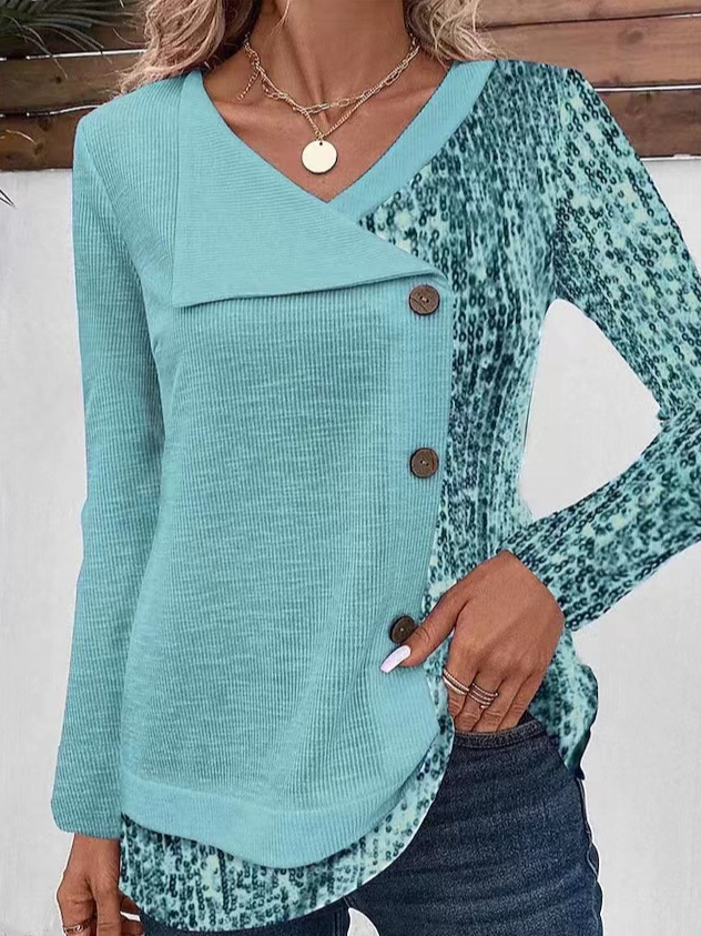 Women's Long Sleeve Blouse Spring/Fall Plain Buttoned Jersey V Neck Daily Going Out Casual Top