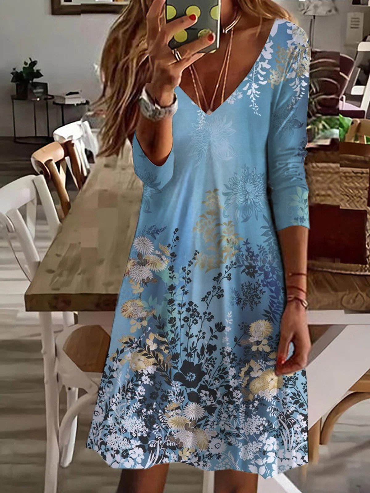 Women's Long Sleeve Summer Floral Jersey Dress V Neck Daily Going Out Casual Midi A-Line TUNIC