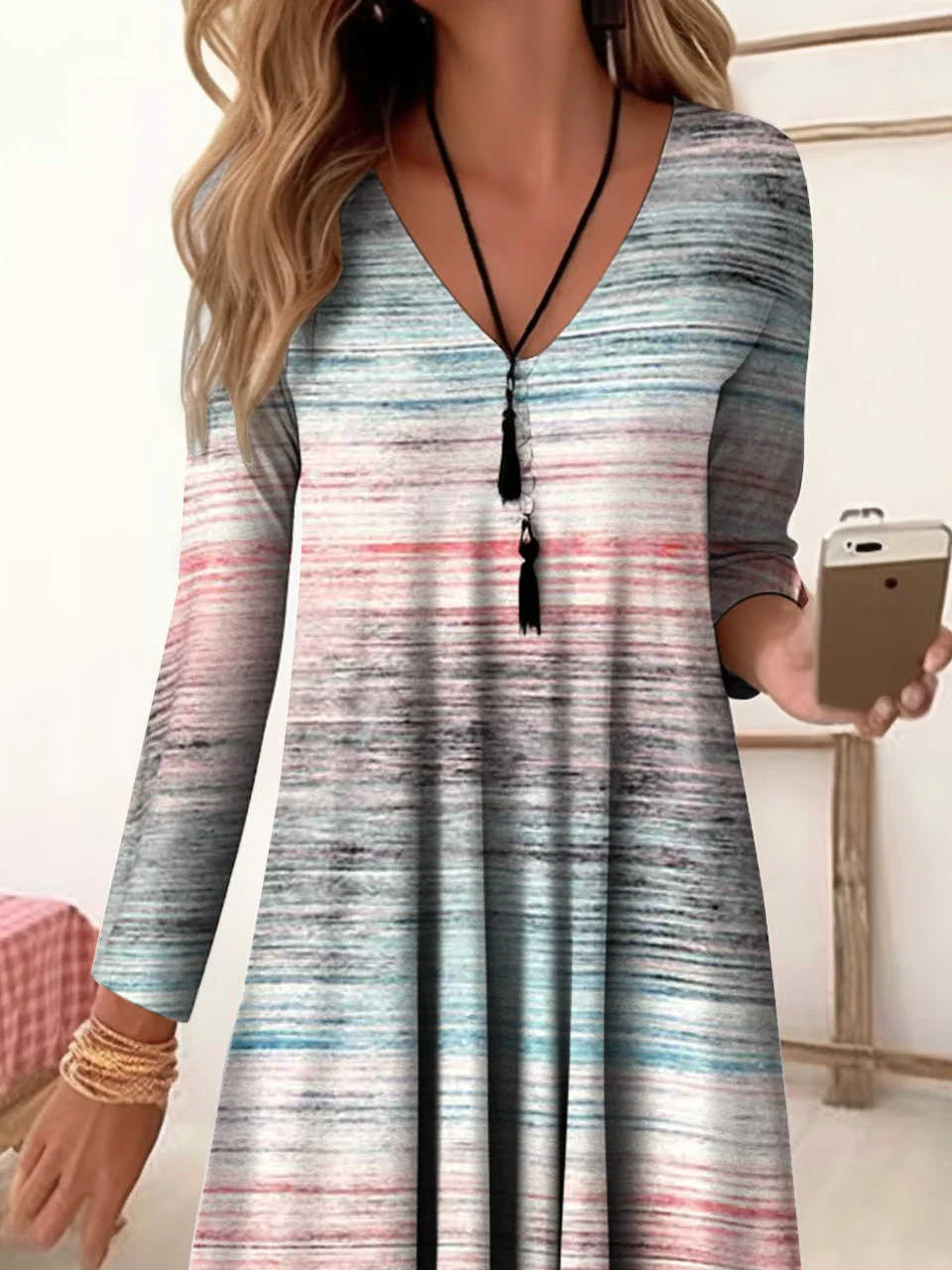 Women's Long Sleeve Summer Striped Jersey Dress V Neck Daily Going Out Casual Midi A-Line TUNIC