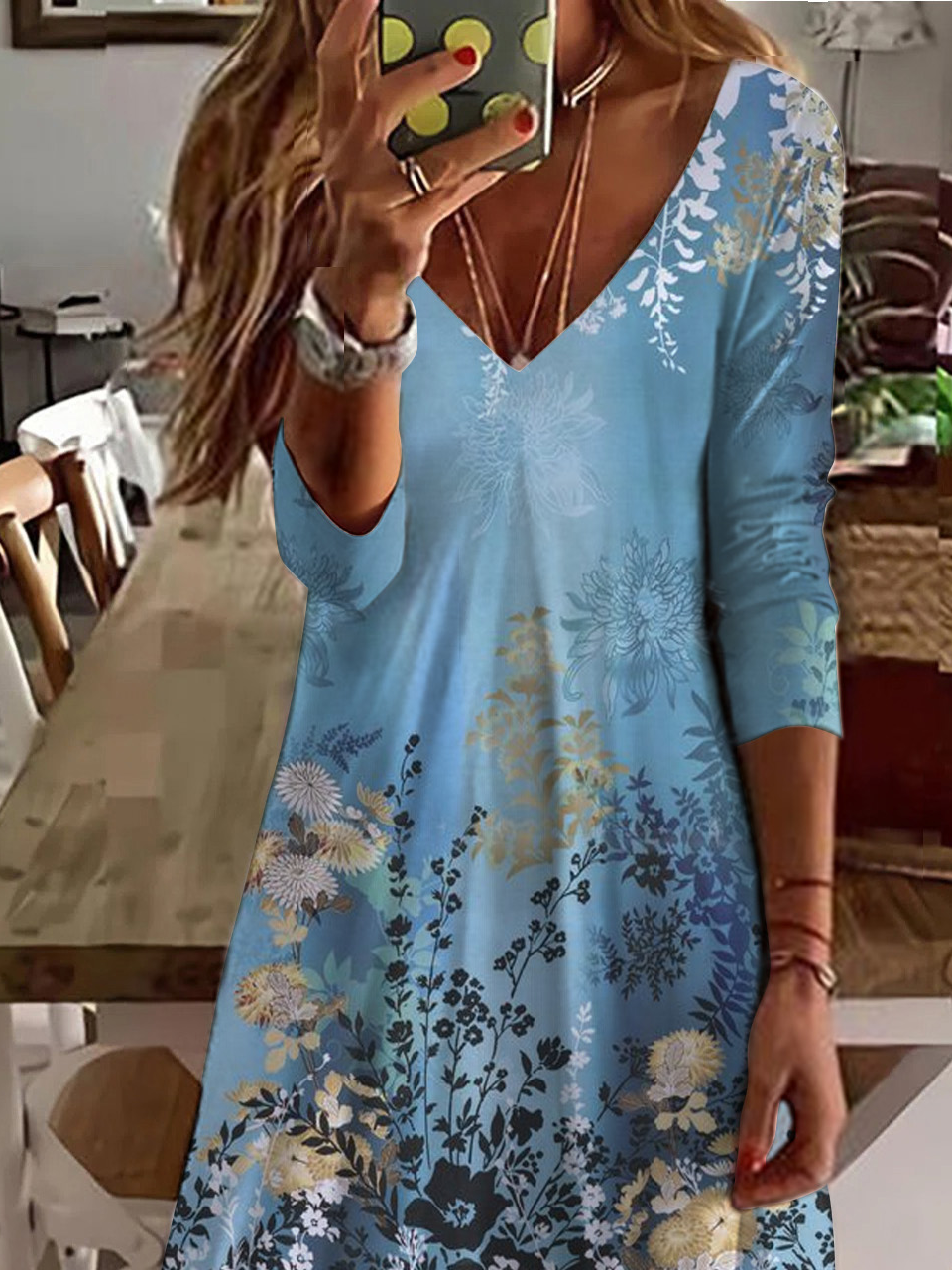 Women's Long Sleeve Summer Floral Jersey Dress V Neck Daily Going Out Casual Midi A-Line TUNIC