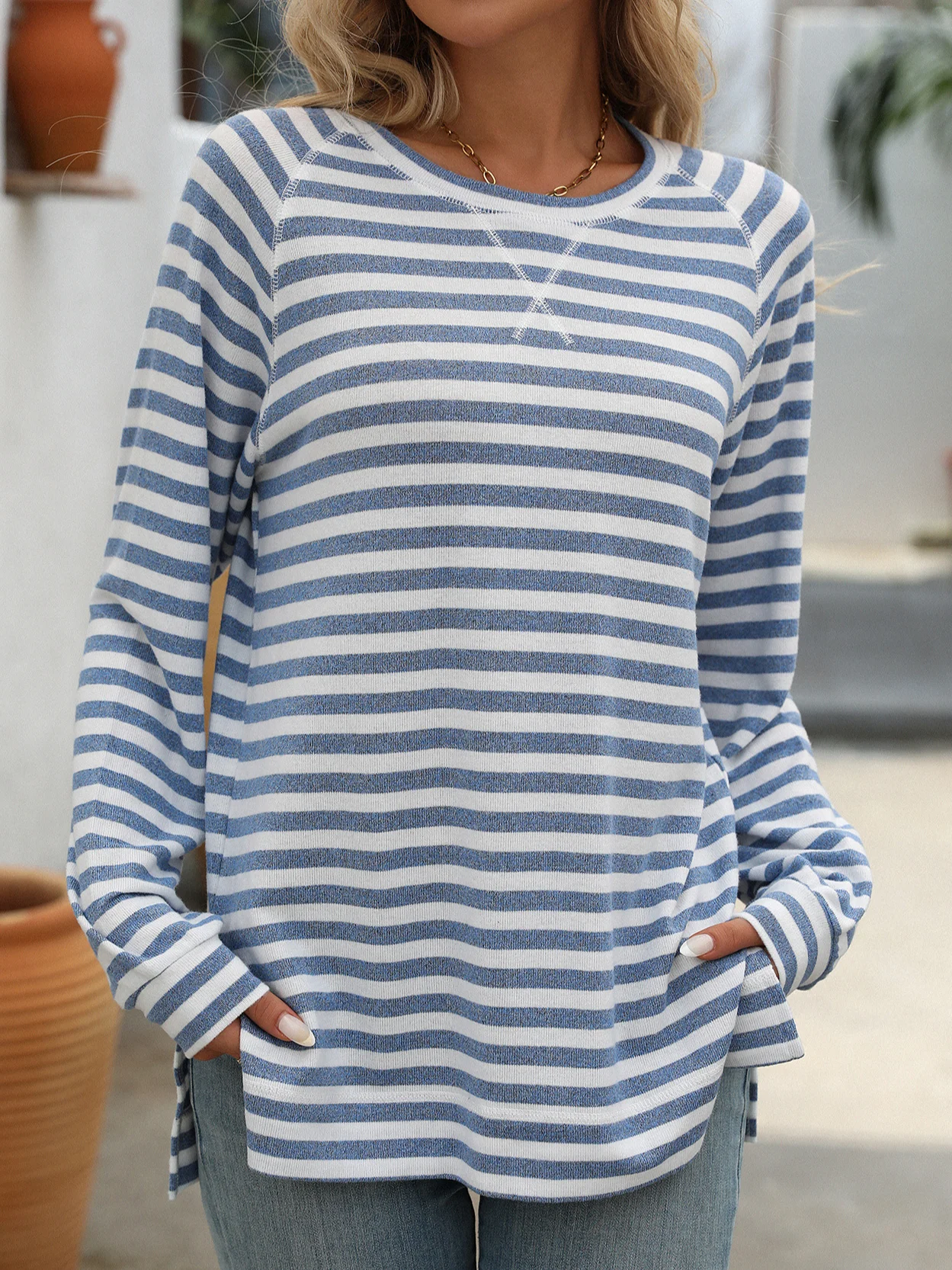 Women's Long Sleeve Blouse Spring/Fall Striped Crew Neck Daily Going Out Casual Top