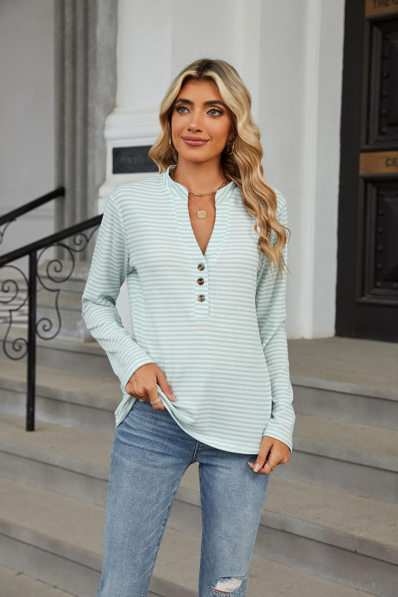 Women's Long Sleeve Blouse Spring/Fall Striped Buckle V Neck Daily Going Out Casual Top