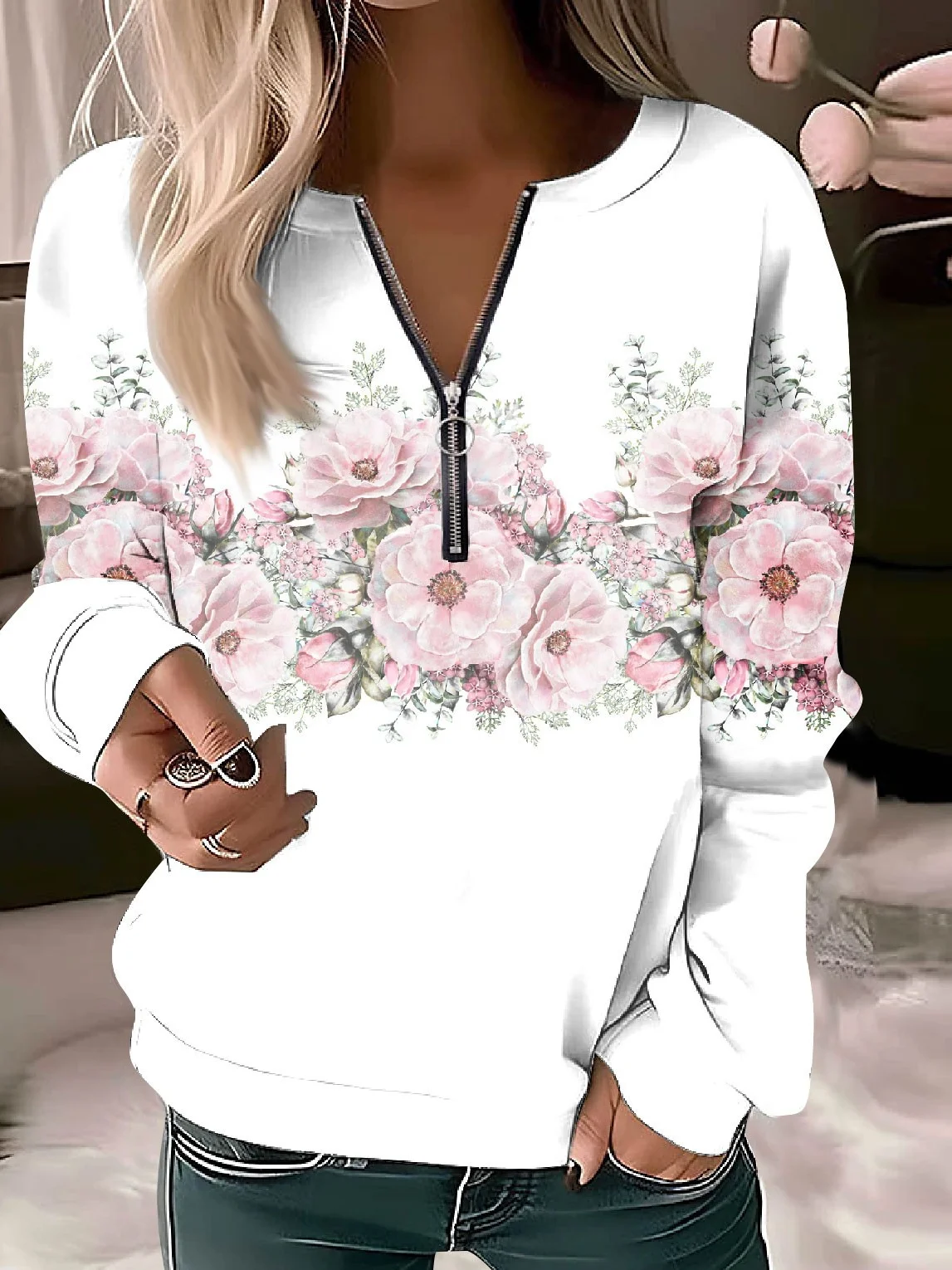 Women's Crew Neck Floral Casual Spring/Fall Long Sleeve Sweatshirt