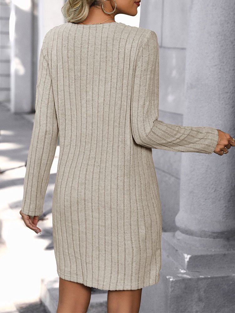 Women's Long Sleeve Summer Plain Buckle Wool/Knitting Dress Asymmetrical Daily Going Out Casual Knee Length H-Line T-Shirt Dress