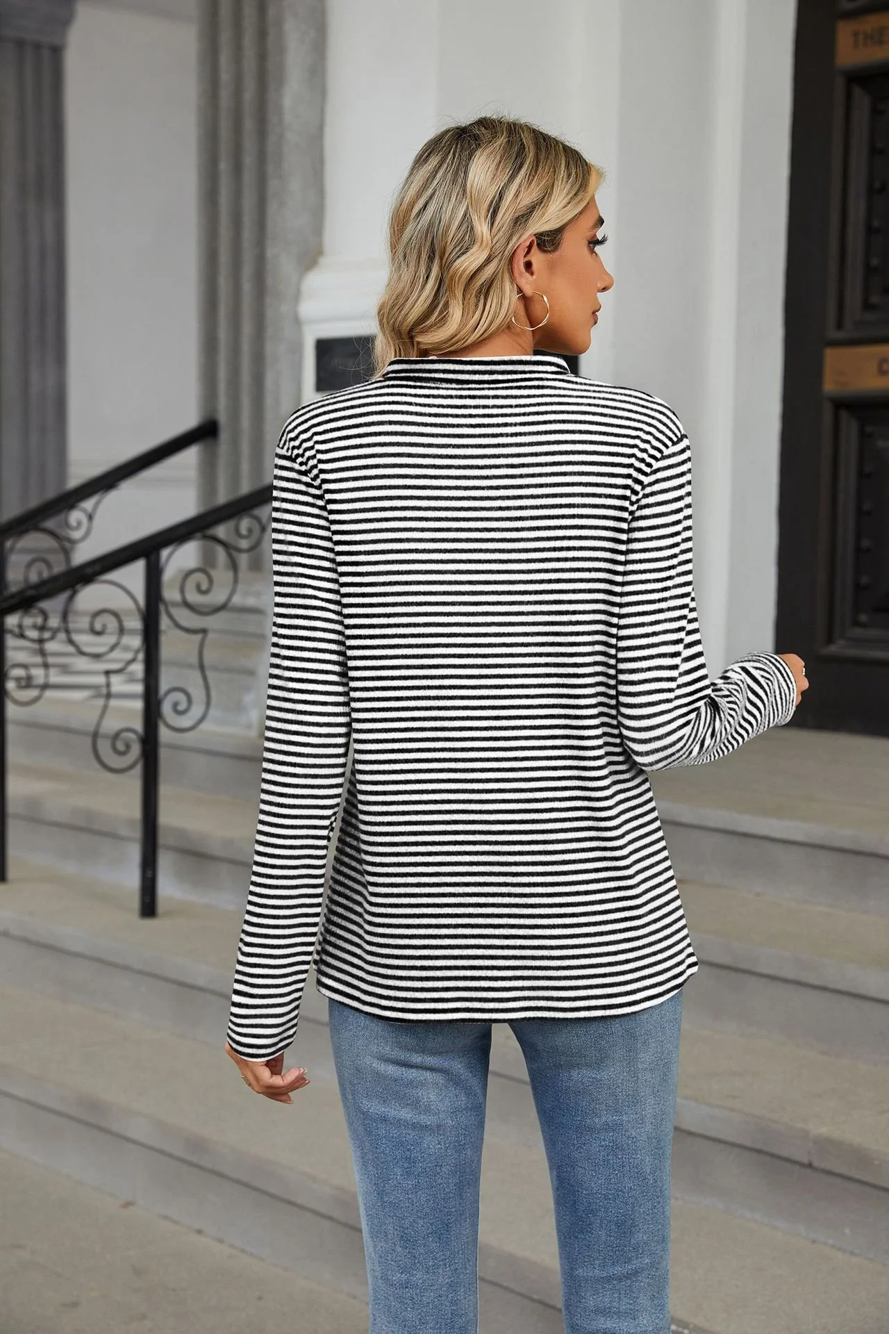 Women's Long Sleeve Blouse Spring/Fall Striped Buckle V Neck Daily Going Out Casual Top