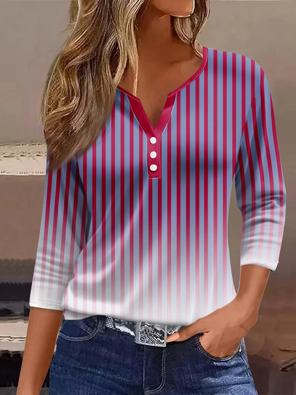 Women's Three Quarter Sleeve Tee T-shirt Spring/Fall Striped Buttoned Jersey Notched Daily Going Out Casual Top