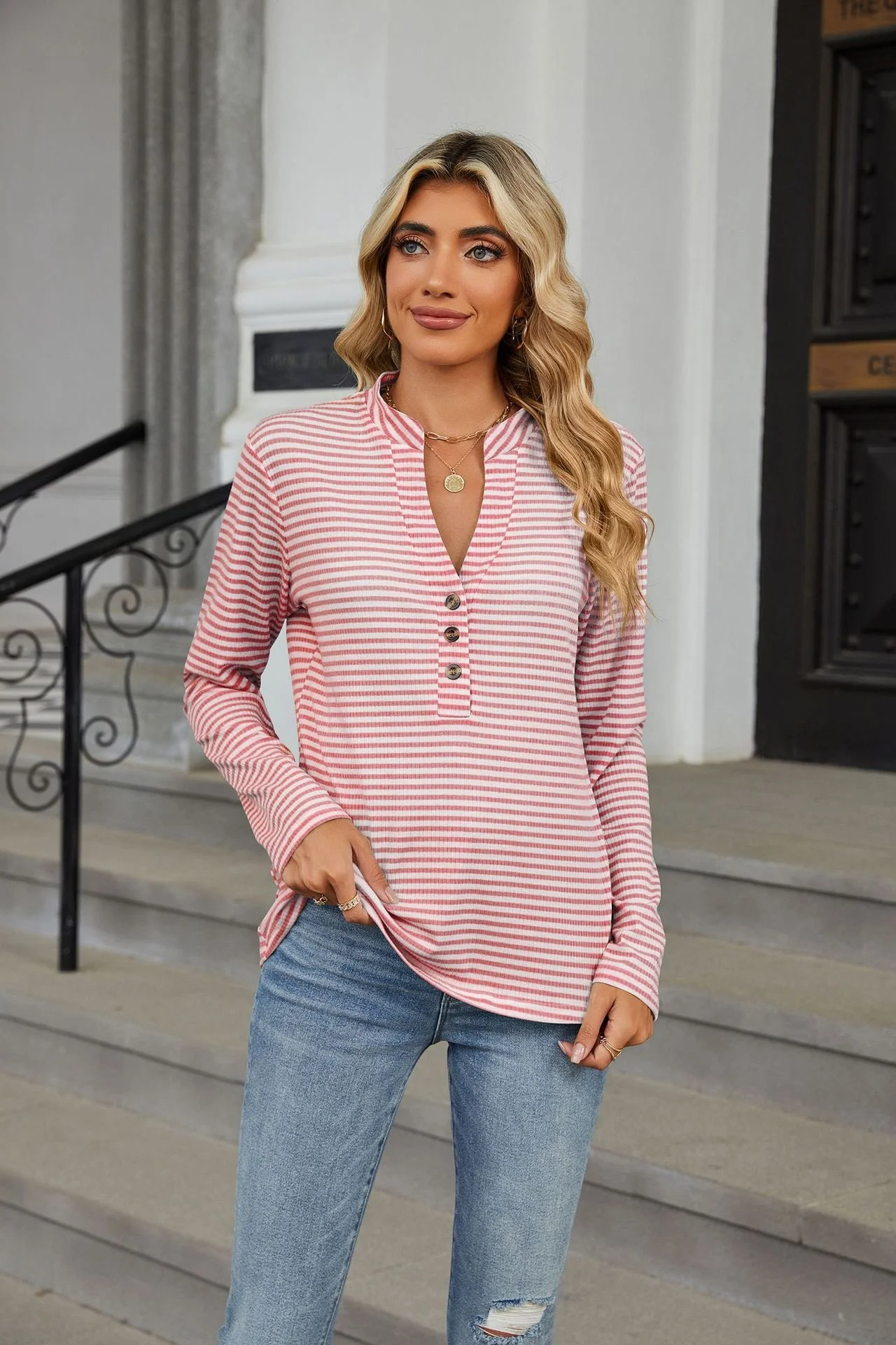 Women's Long Sleeve Blouse Spring/Fall Striped Buckle V Neck Daily Going Out Casual Top