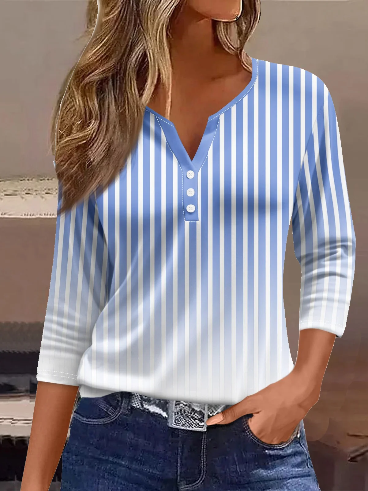 Women's Three Quarter Sleeve Tee T-shirt Spring/Fall Striped Buttoned Jersey Notched Daily Going Out Casual Top