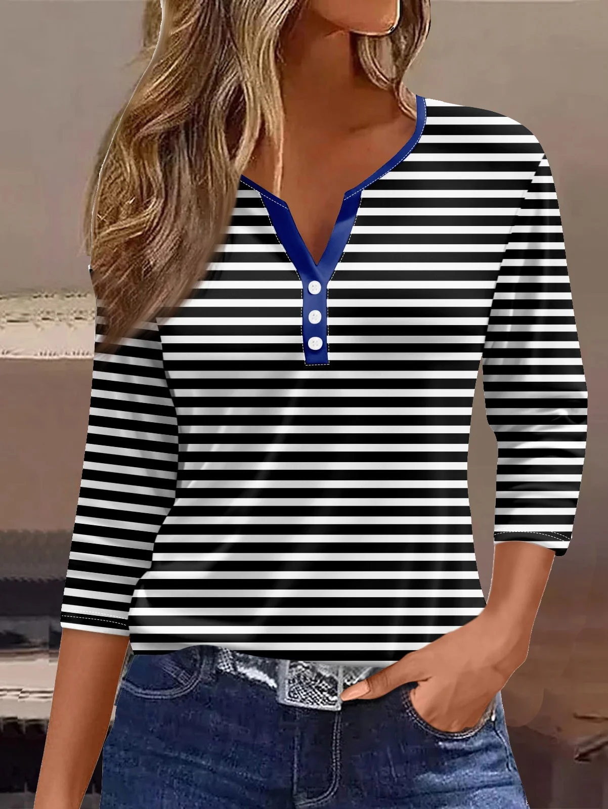 Women's Three Quarter Sleeve Tee T-shirt Spring/Fall Striped Buttoned Jersey Notched Daily Going Out Casual Top