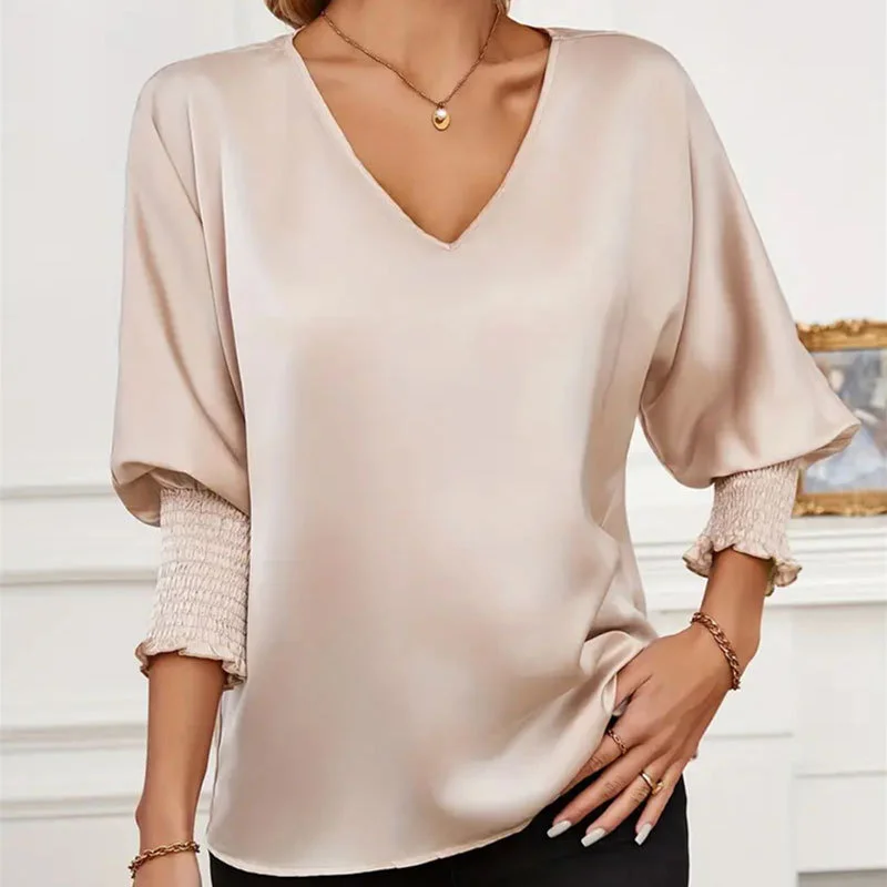 Women's Long Sleeve Blouse Spring/Fall Plain V Neck Daily Going Out Casual Top