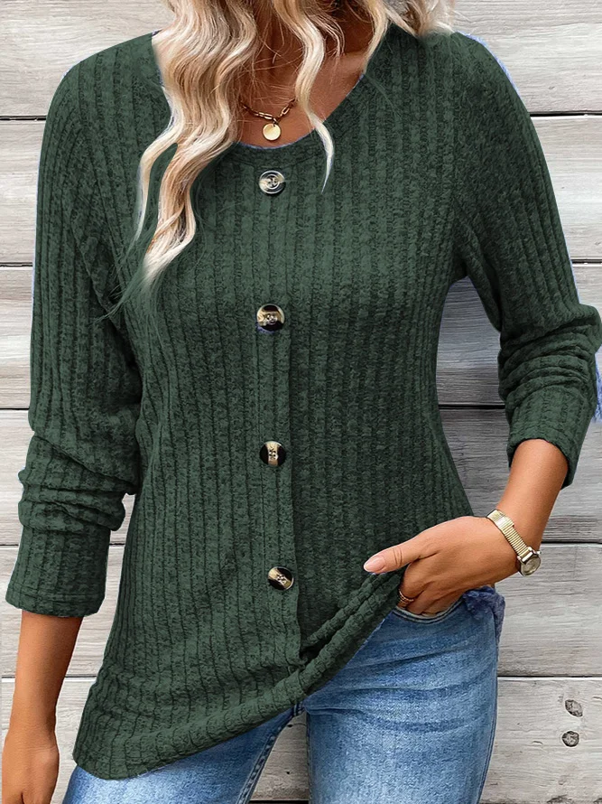 Women's Long Sleeve Tee T-shirt Spring/Fall Plain Buckle Crew Neck Daily Going Out Casual Top