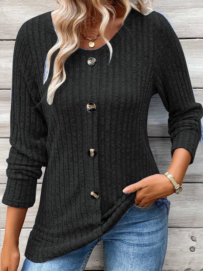 Women's Long Sleeve Tee T-shirt Spring/Fall Plain Buckle Crew Neck Daily Going Out Casual Top