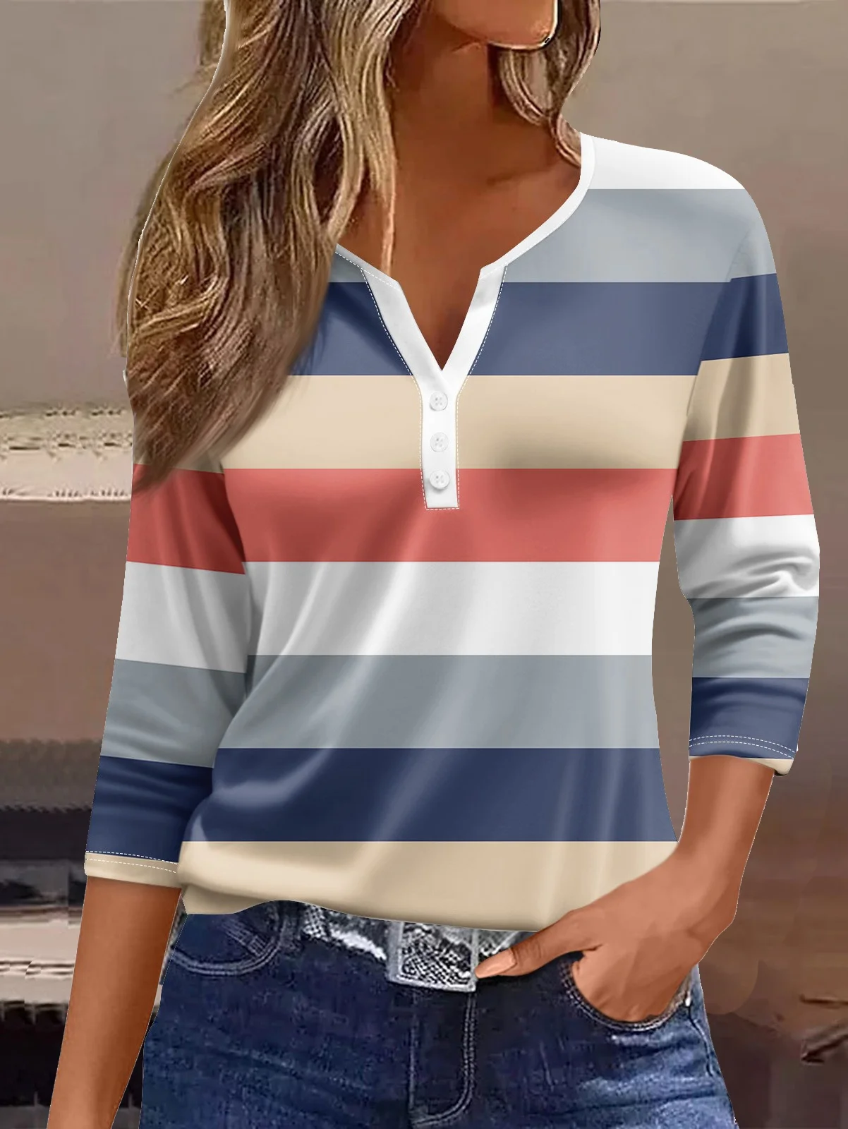 Women's Three Quarter Sleeve Tee T-shirt Spring/Fall Striped Buttoned Jersey Notched Daily Going Out Casual Top