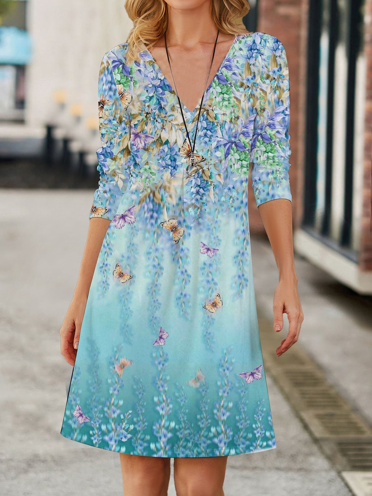 Women's Long Sleeve Summer Floral Printing Jersey Dress V Neck Daily Going Out Vintage Midi A-Line TUNIC