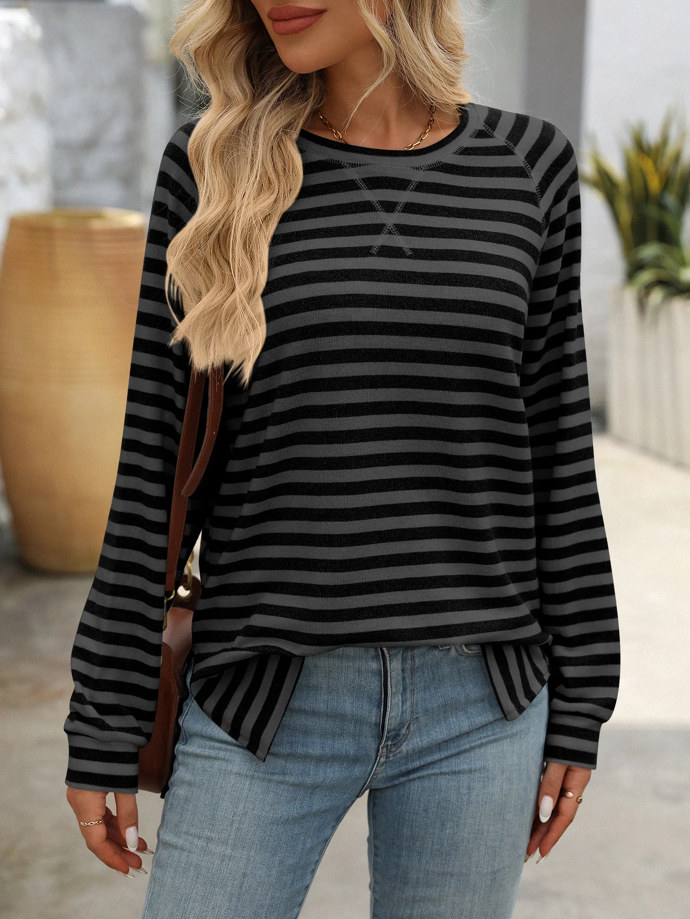 Women's Long Sleeve Blouse Spring/Fall Striped Crew Neck Daily Going Out Casual Top