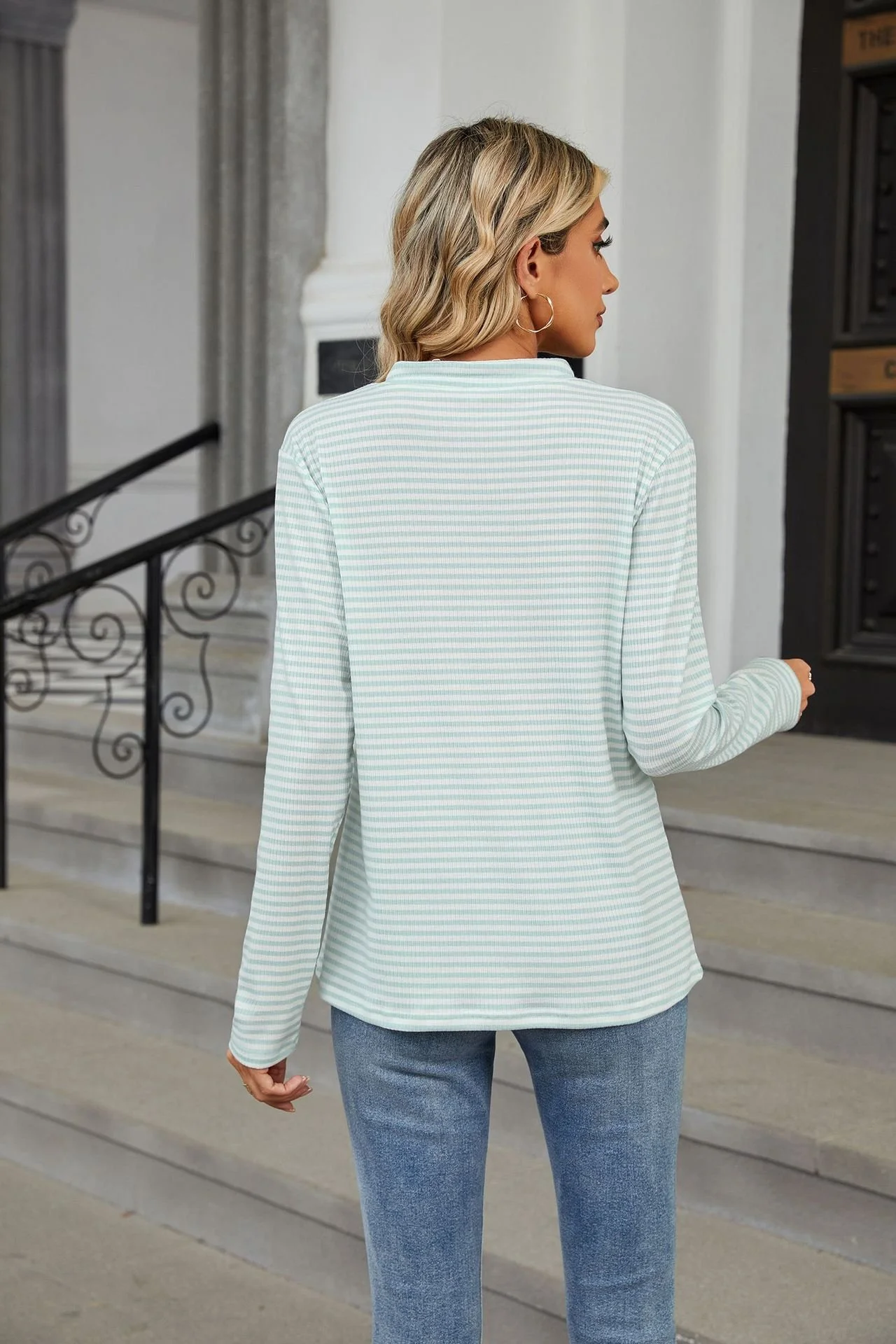 Women's Long Sleeve Blouse Spring/Fall Striped Buckle V Neck Daily Going Out Casual Top