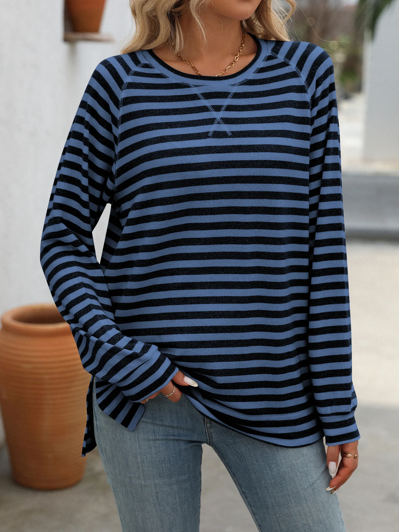 Women's Long Sleeve Blouse Spring/Fall Striped Crew Neck Daily Going Out Casual Top