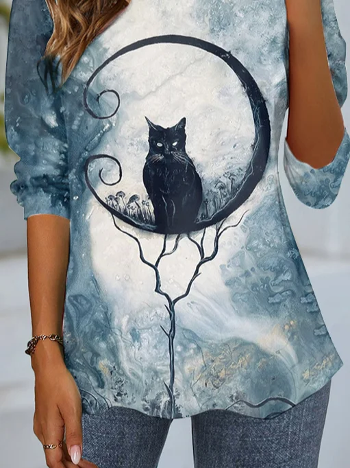 Women's Long Sleeve Tee T-shirt Spring/Fall Cat Jersey Crew Neck Daily Going Out Casual Top