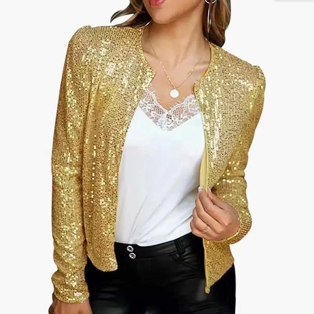 Women's Spring/Fall Outerwear Casual Glitter Plain Long Sleeve Crew Neck Jacket