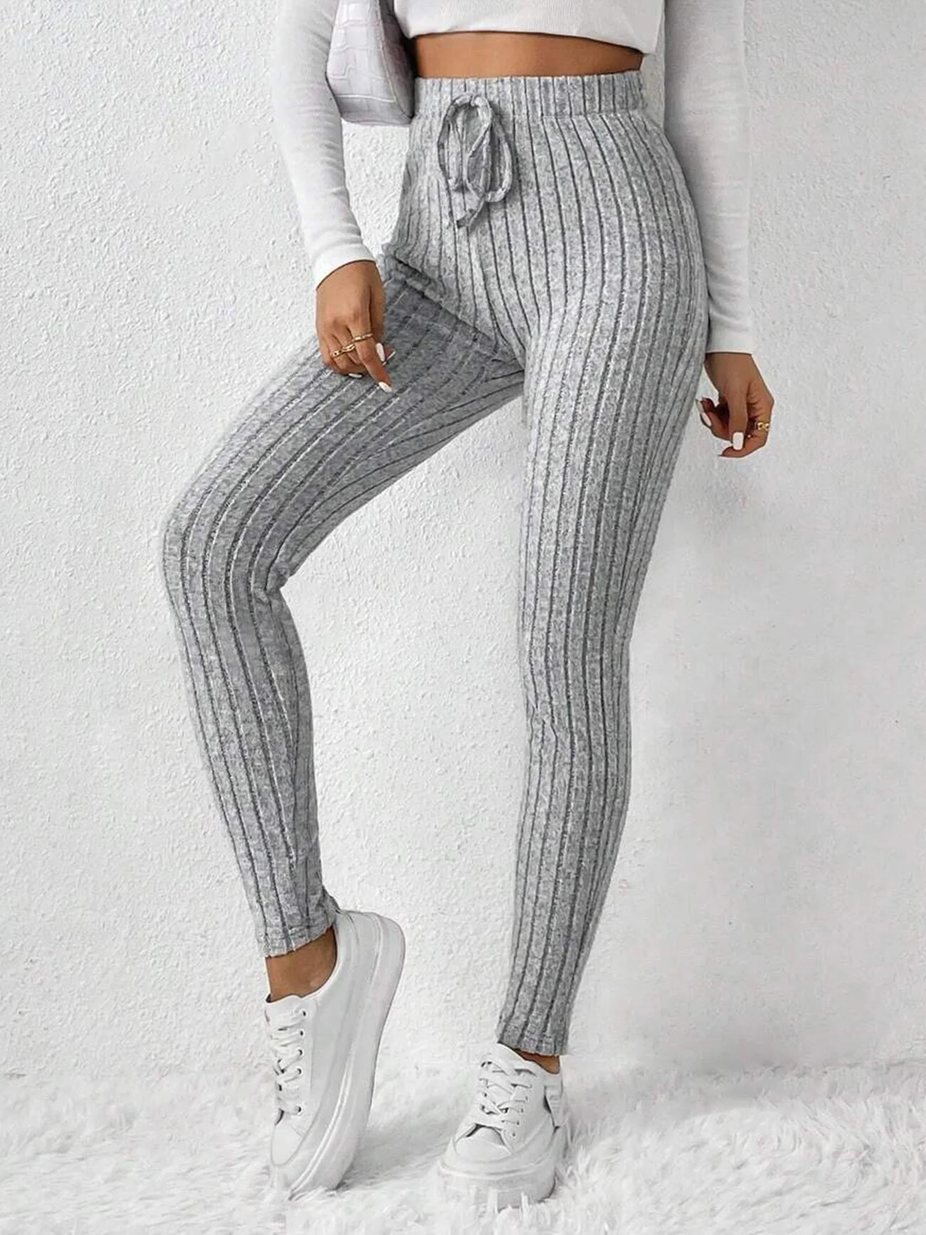 Women's Casual Plain Ribbing All Season Long Leggings