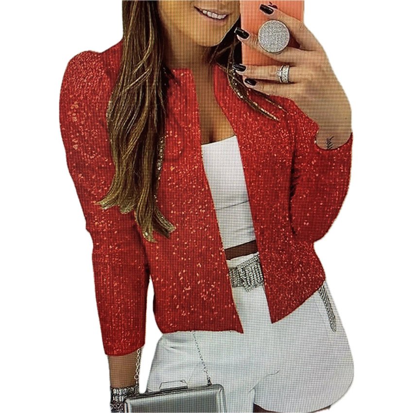 Women's Spring/Fall Outerwear Casual Glitter Plain Long Sleeve Crew Neck Jacket