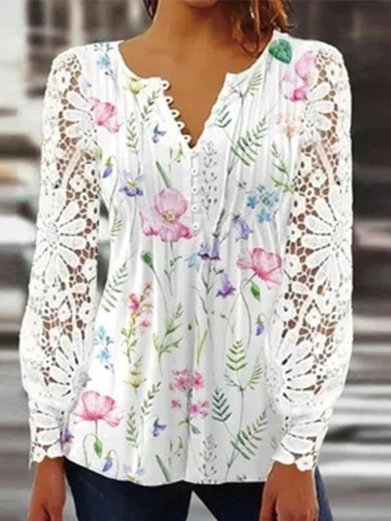 Women's Long Sleeve Blouse Spring/Fall Floral Lace Jersey V Neck Daily Going Out Casual Top