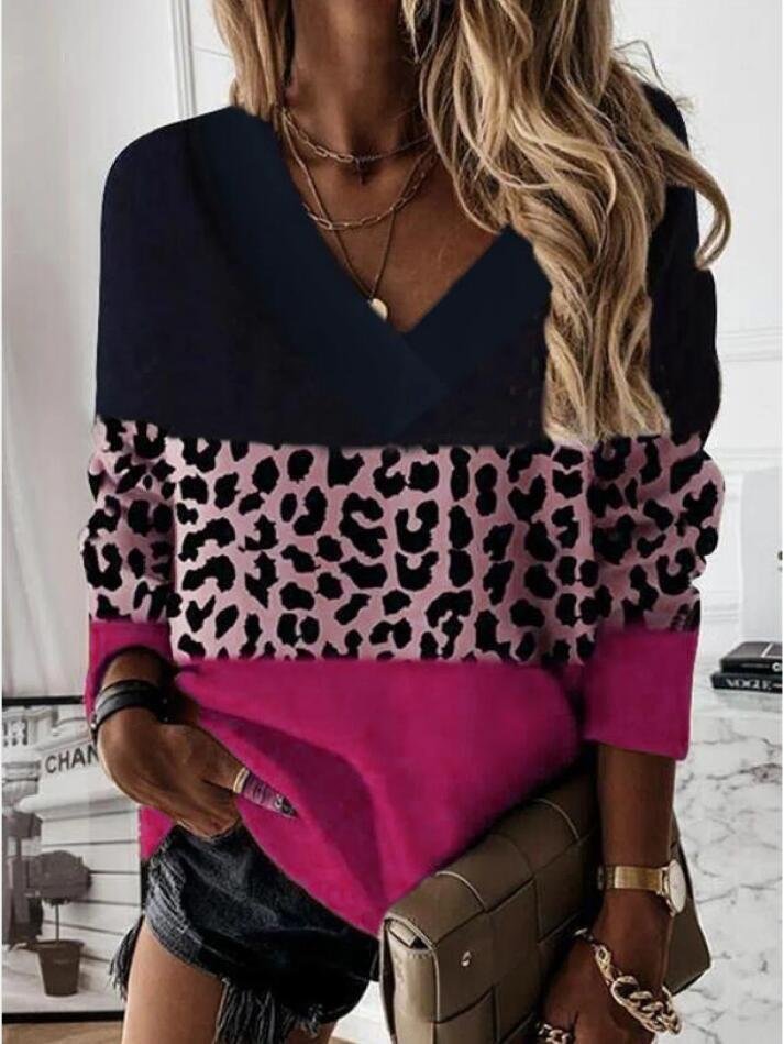 Women's V Neck Color Block Casual Spring/Fall Long Sleeve Sweatshirt