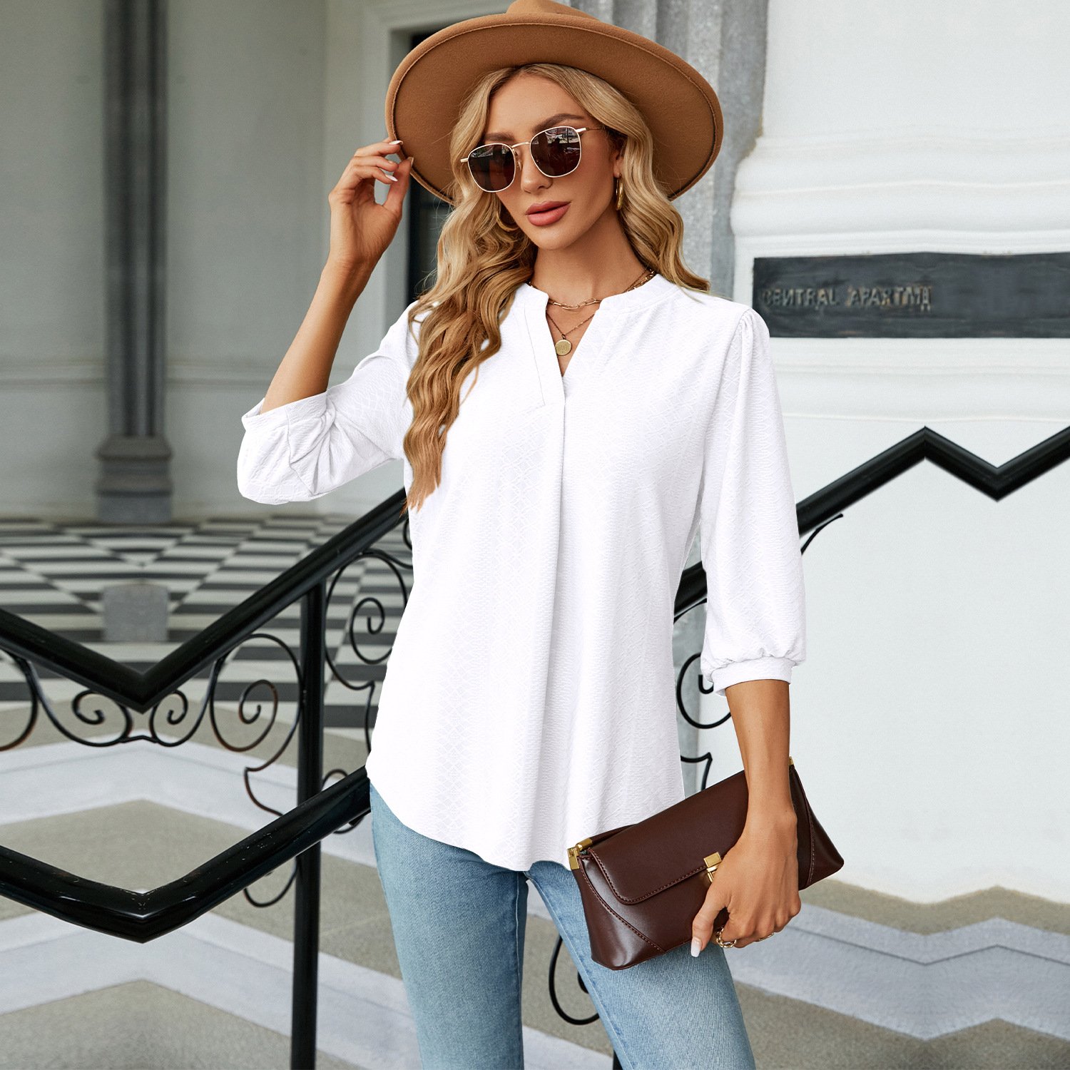 Women's Half Sleeve Shirt Summer Plain V Neck Balloon Sleeve Daily Going Out Casual Top