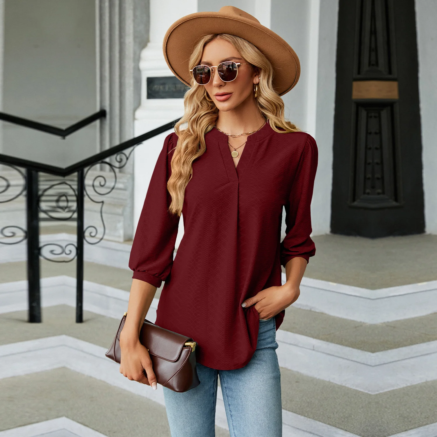 Women's Half Sleeve Shirt Summer Plain V Neck Balloon Sleeve Daily Going Out Casual Top