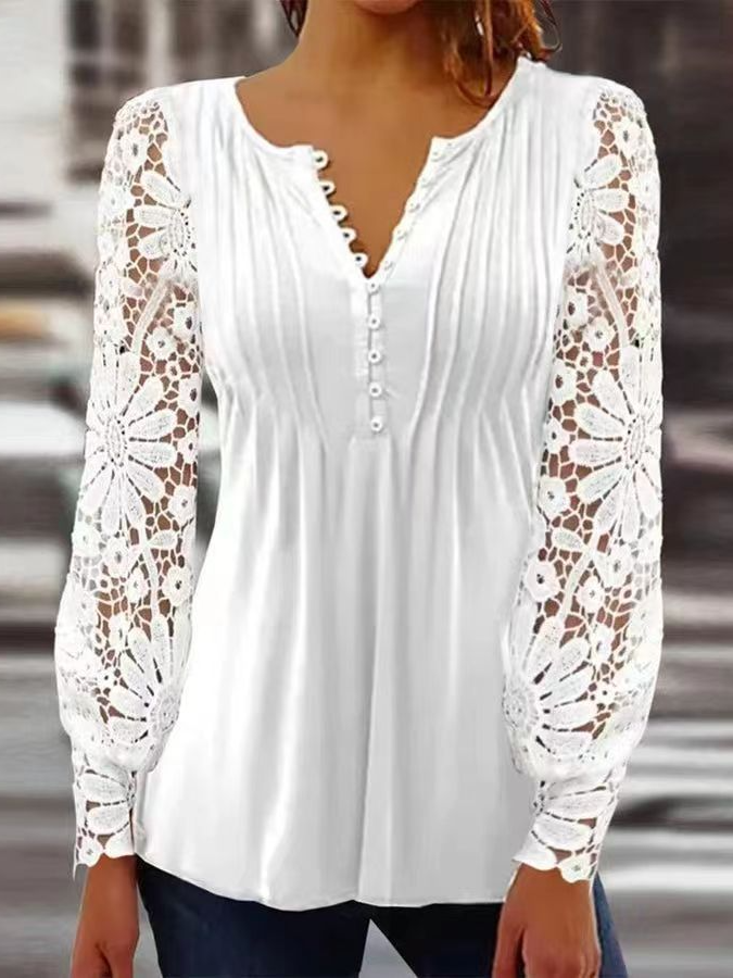 Women's Long Sleeve Blouse Spring/Fall Floral Lace Jersey V Neck Daily Going Out Casual Top