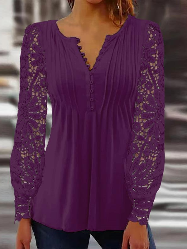 Women's Long Sleeve Blouse Spring/Fall Floral Lace Jersey V Neck Daily Going Out Casual Top