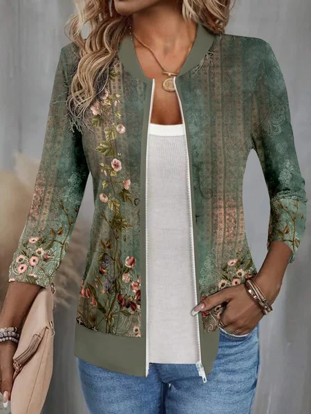 Women's Spring/Fall Outerwear Casual Zipper Floral Long Sleeve Crew Neck Jacket