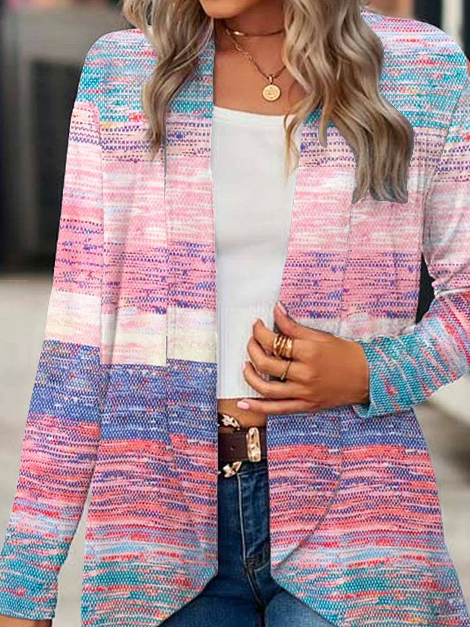 Women's Spring/Fall Cover-up Casual Abstract Stripes Lightweight Cardigan